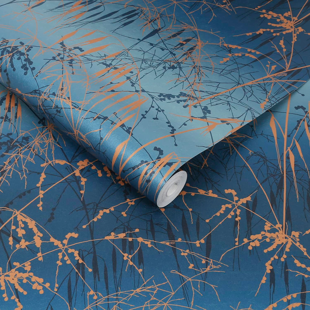 Meadow Grass French Navy and Copper Wallpaper