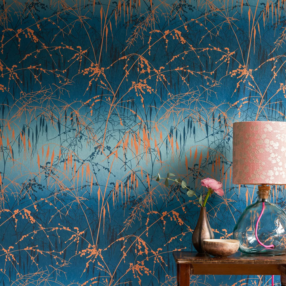 Meadow Grass French Navy & Copper Wallpaper