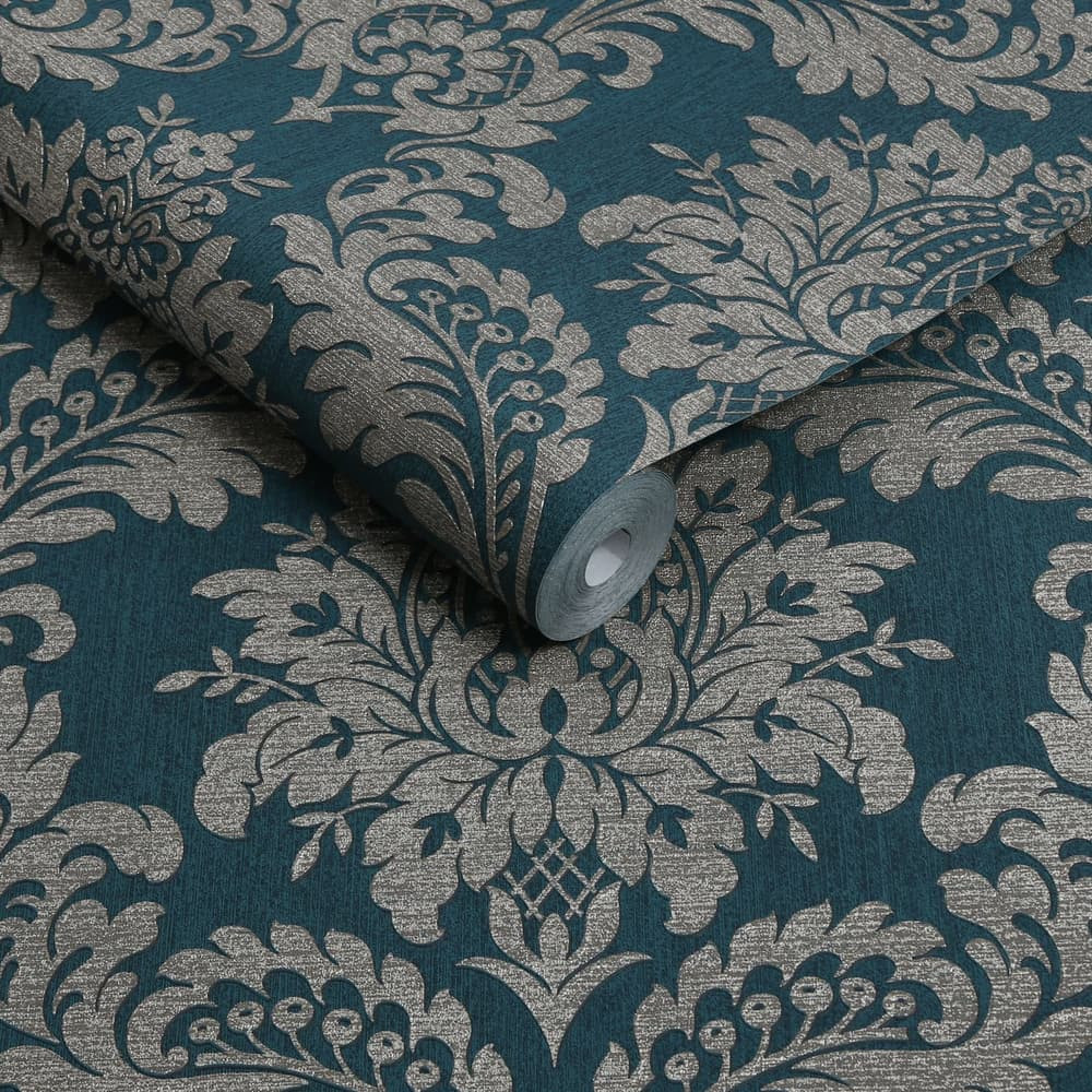 Archive Damask Teal And Gold Wallpaper