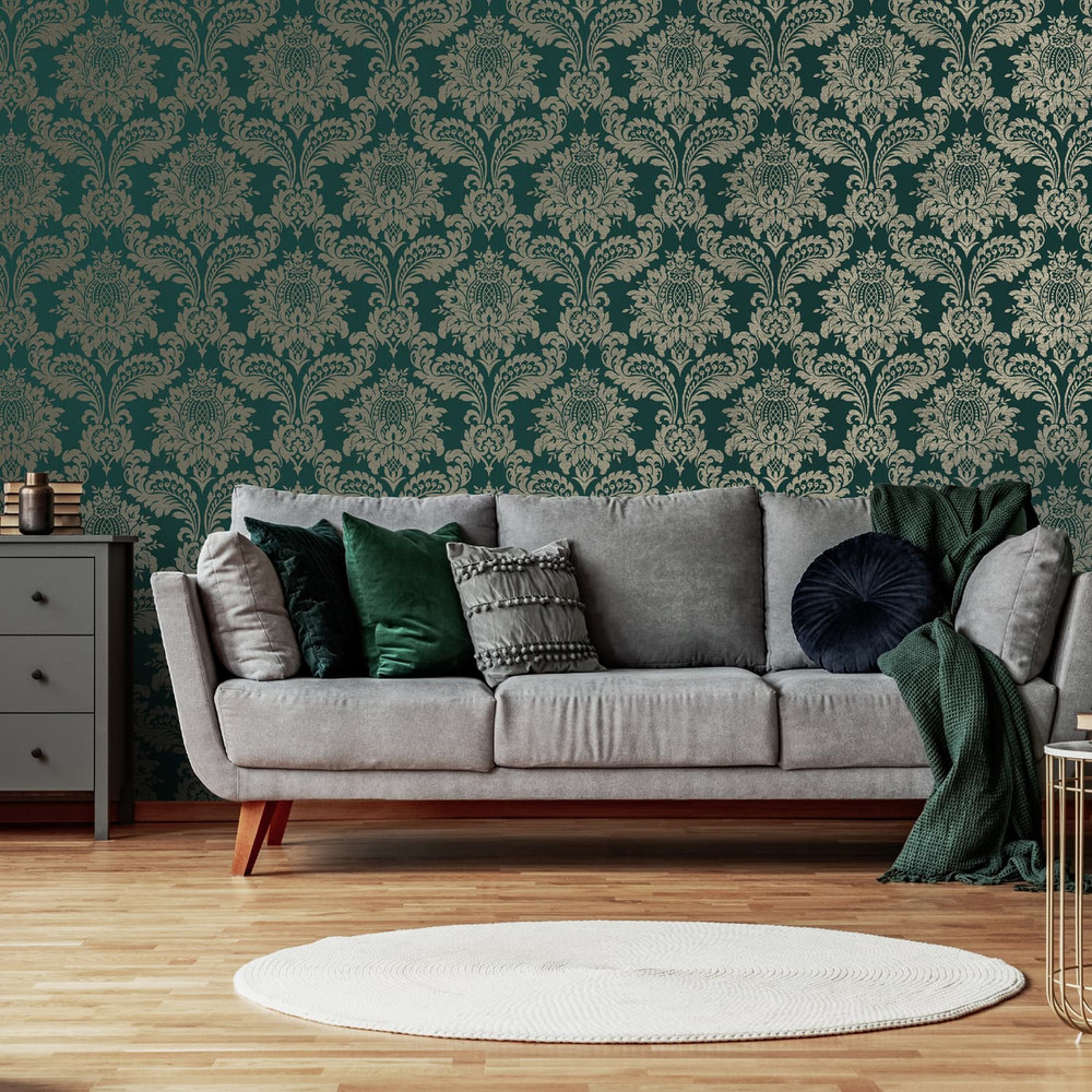 Archive Damask Teal And Gold Wallpaper