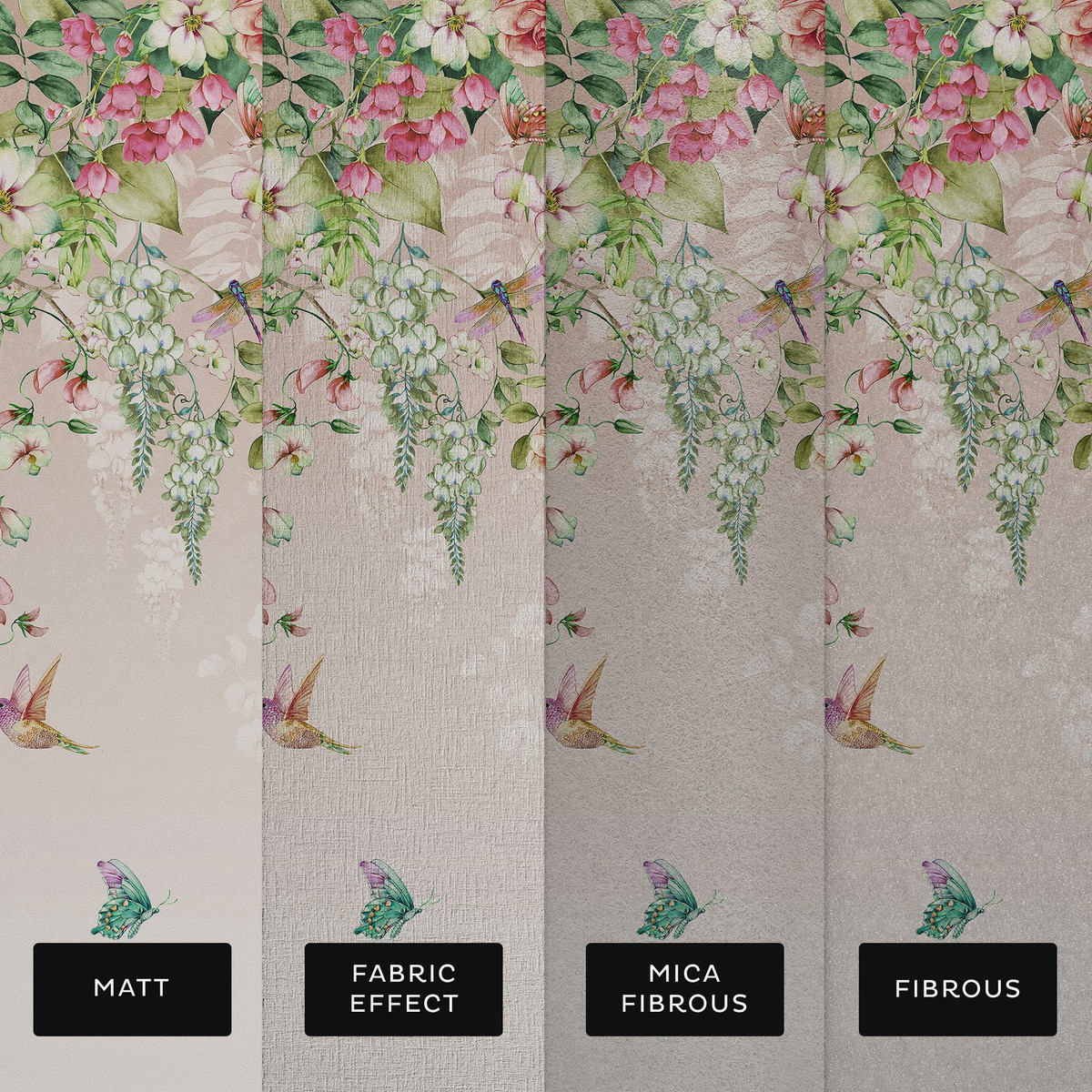 Papier peint panoramique sur mesure Ethereal Flora rose poudré