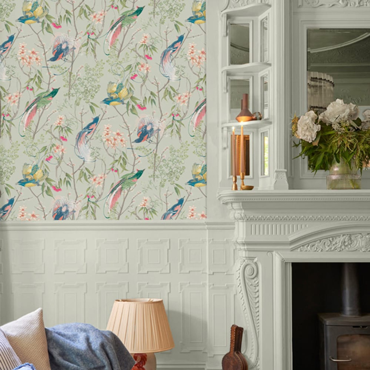 Clavering Birds Morning Sage Wallpaper