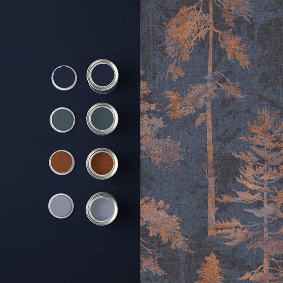 Norse Forest marineblauw en schorsgrijs behang