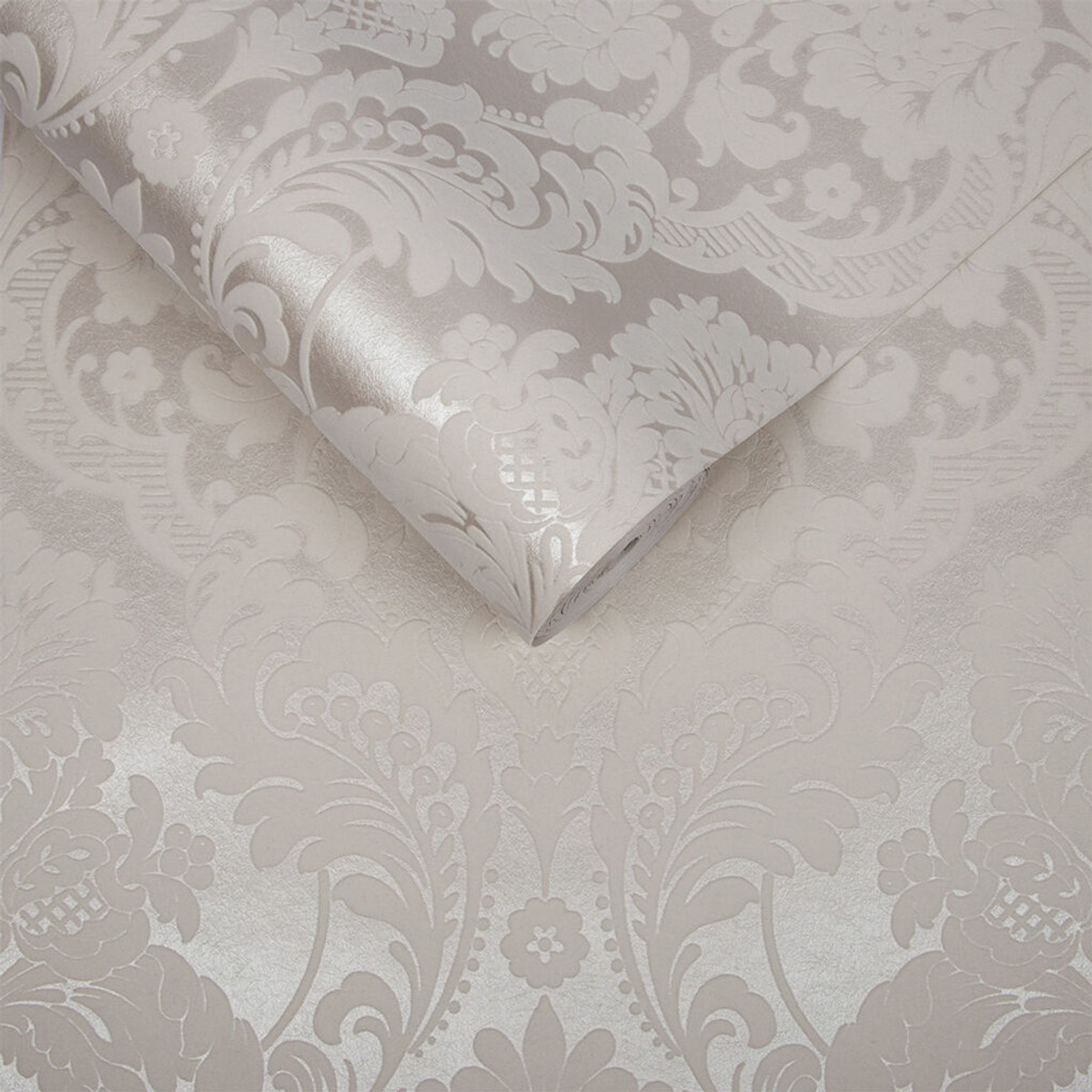 Gothic Damask Flock White Wallpaper