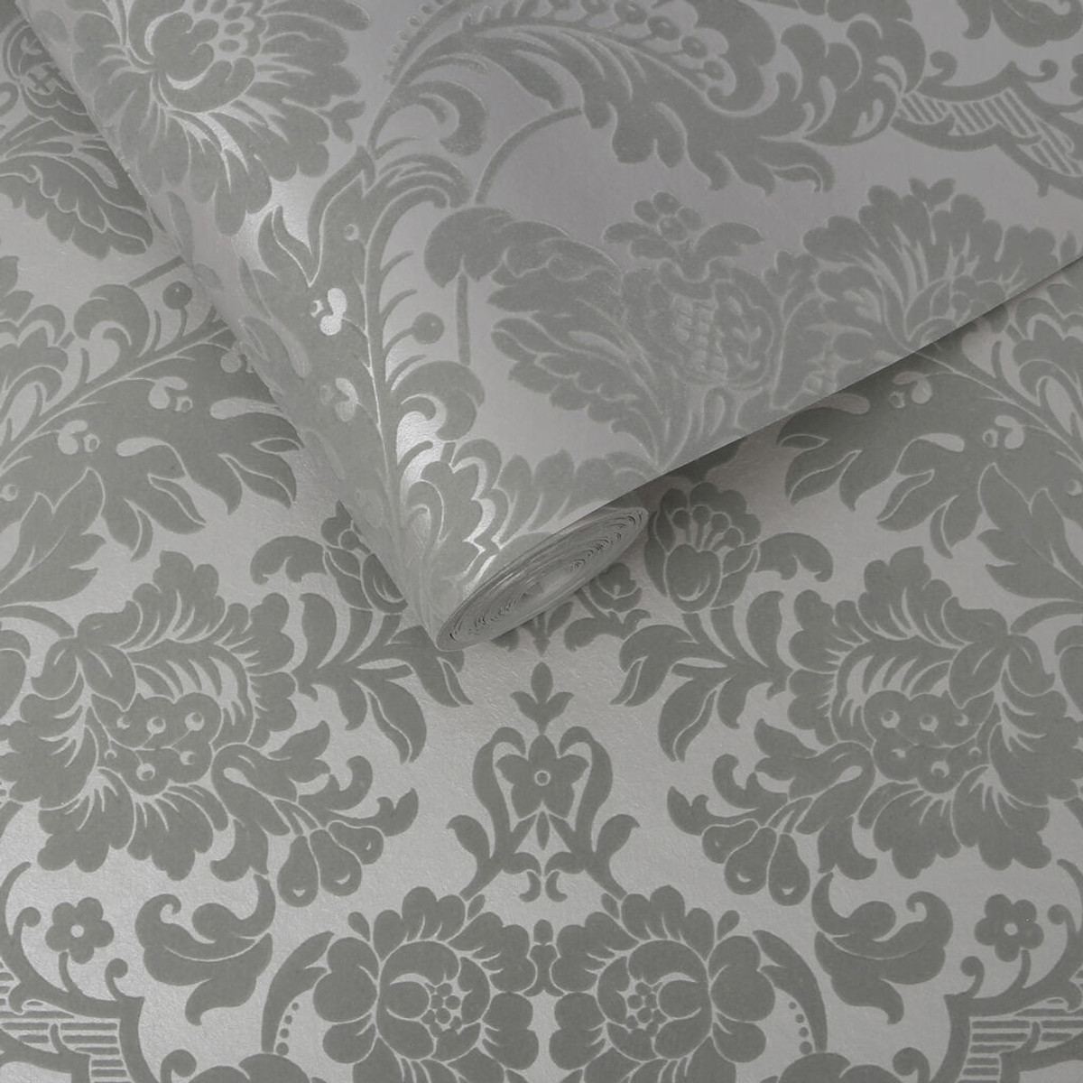 Gothic Damask Flock Grey & Silver Wallpaper