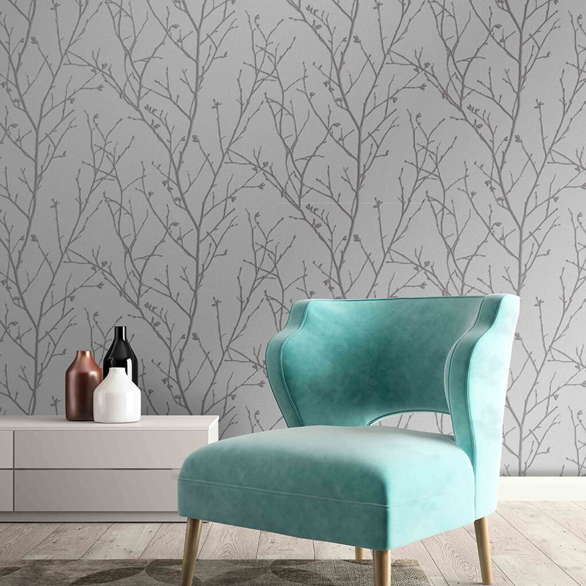 water silk sprig silver wallpaper