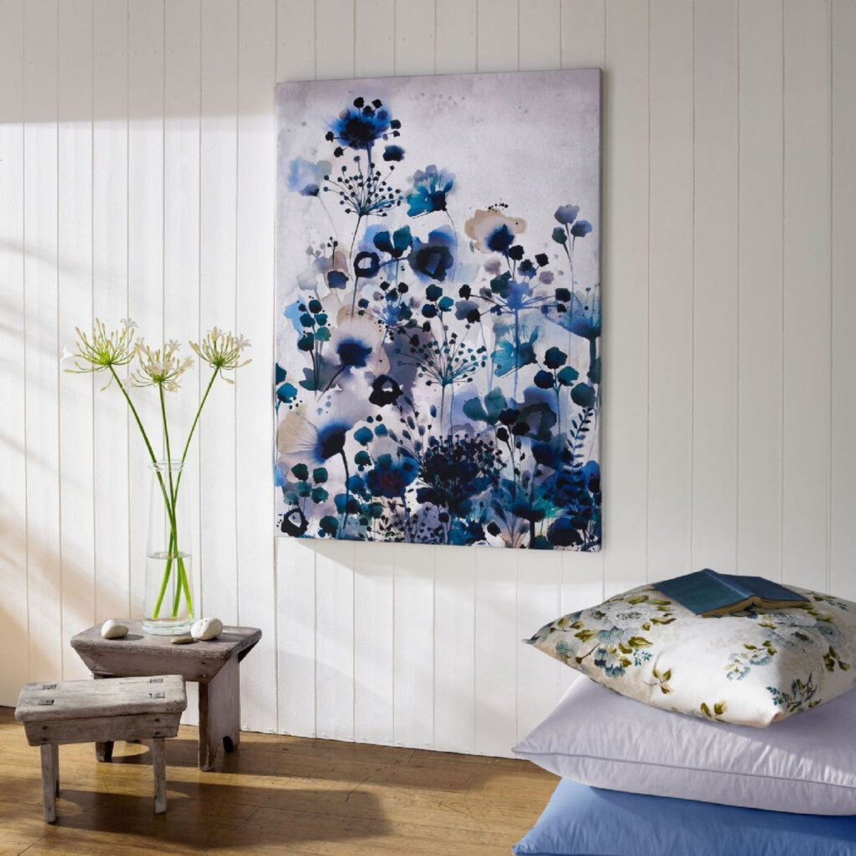 moody blue watercolour printed canvas wall art