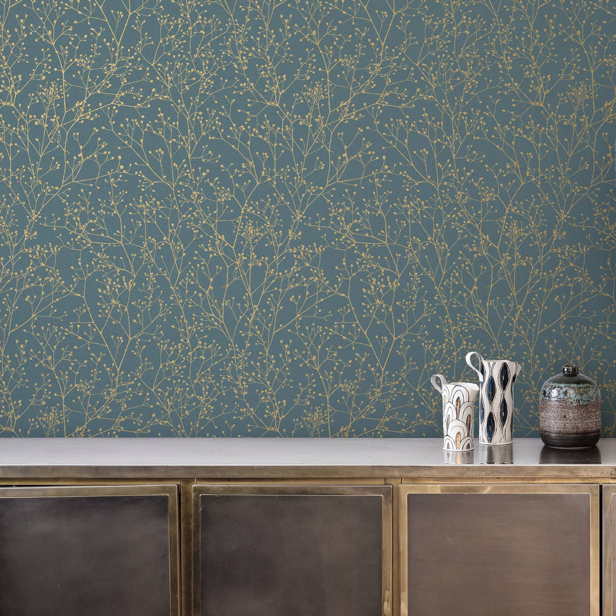 Gypsophila Airforce Blue and Soft Gold Wallpaper