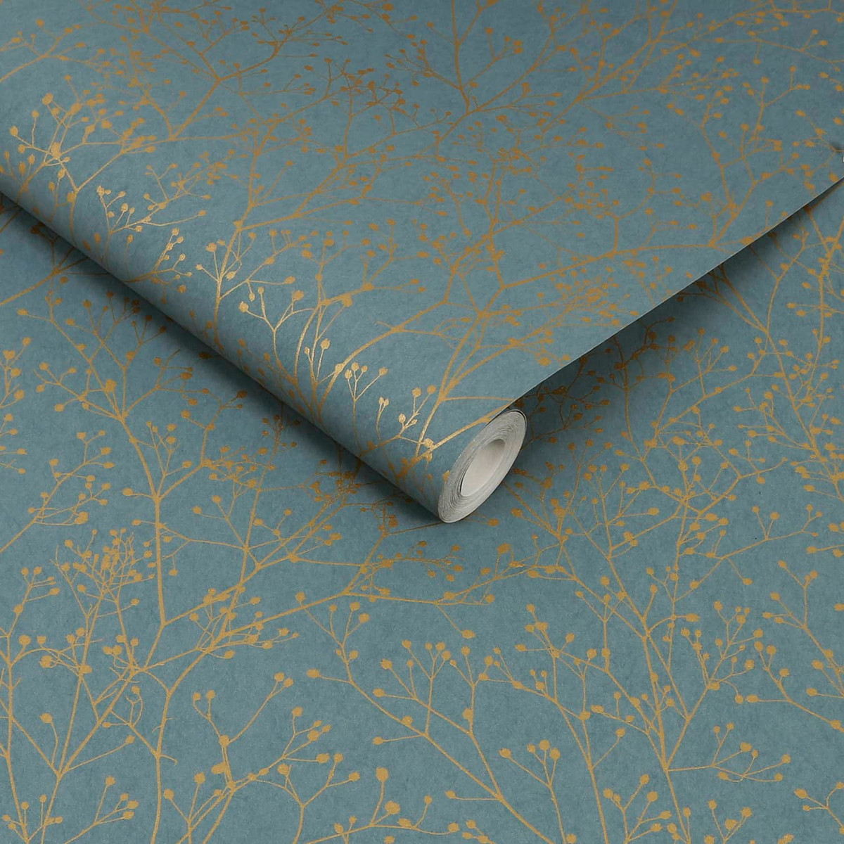 Gypsophila Airforce Blue and Soft Gold Wallpaper