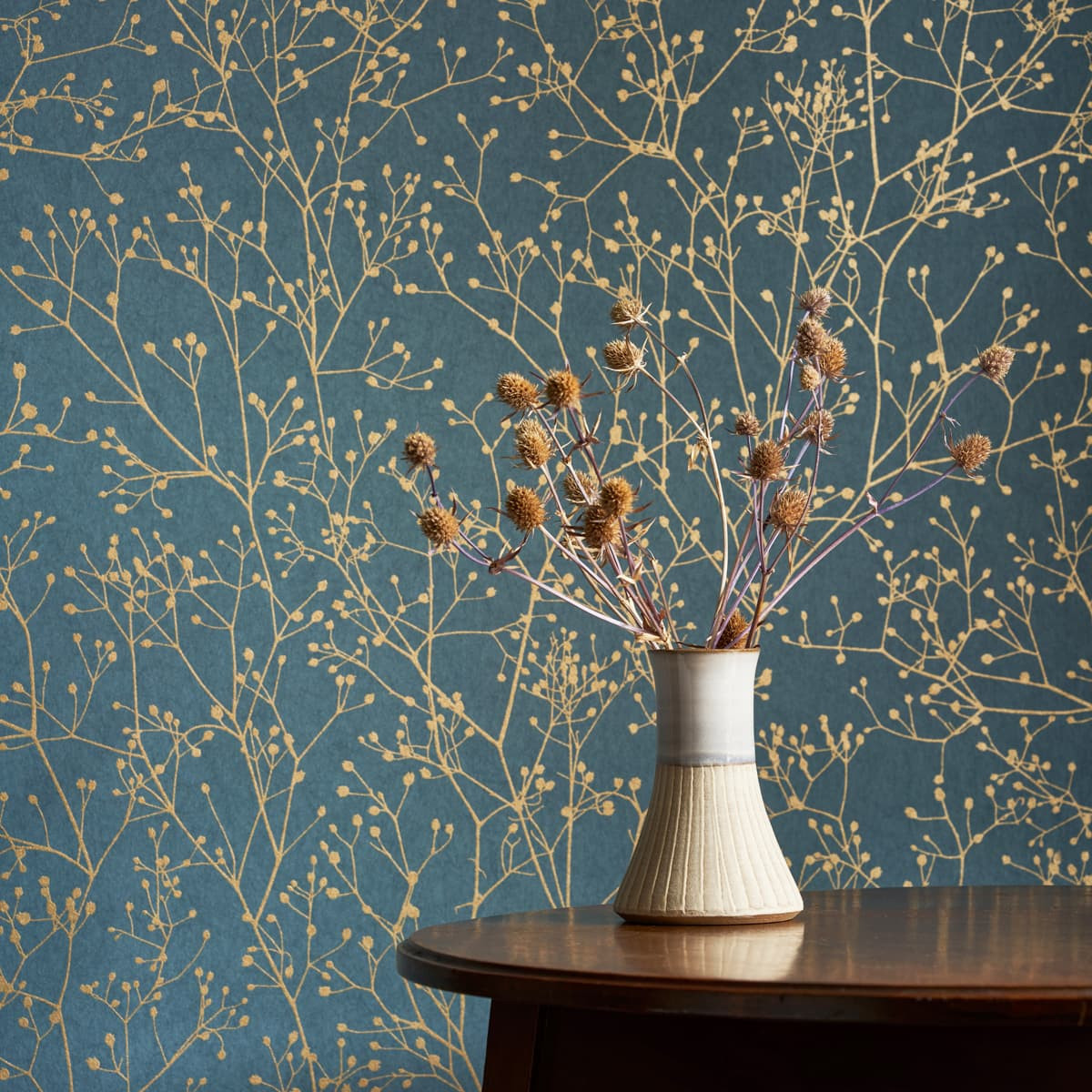 Gypsophila Airforce Blue & Soft Gold Wallpaper