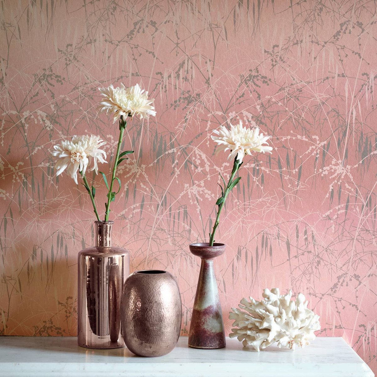 Meadow Grass Shell & Pewter Wallpaper