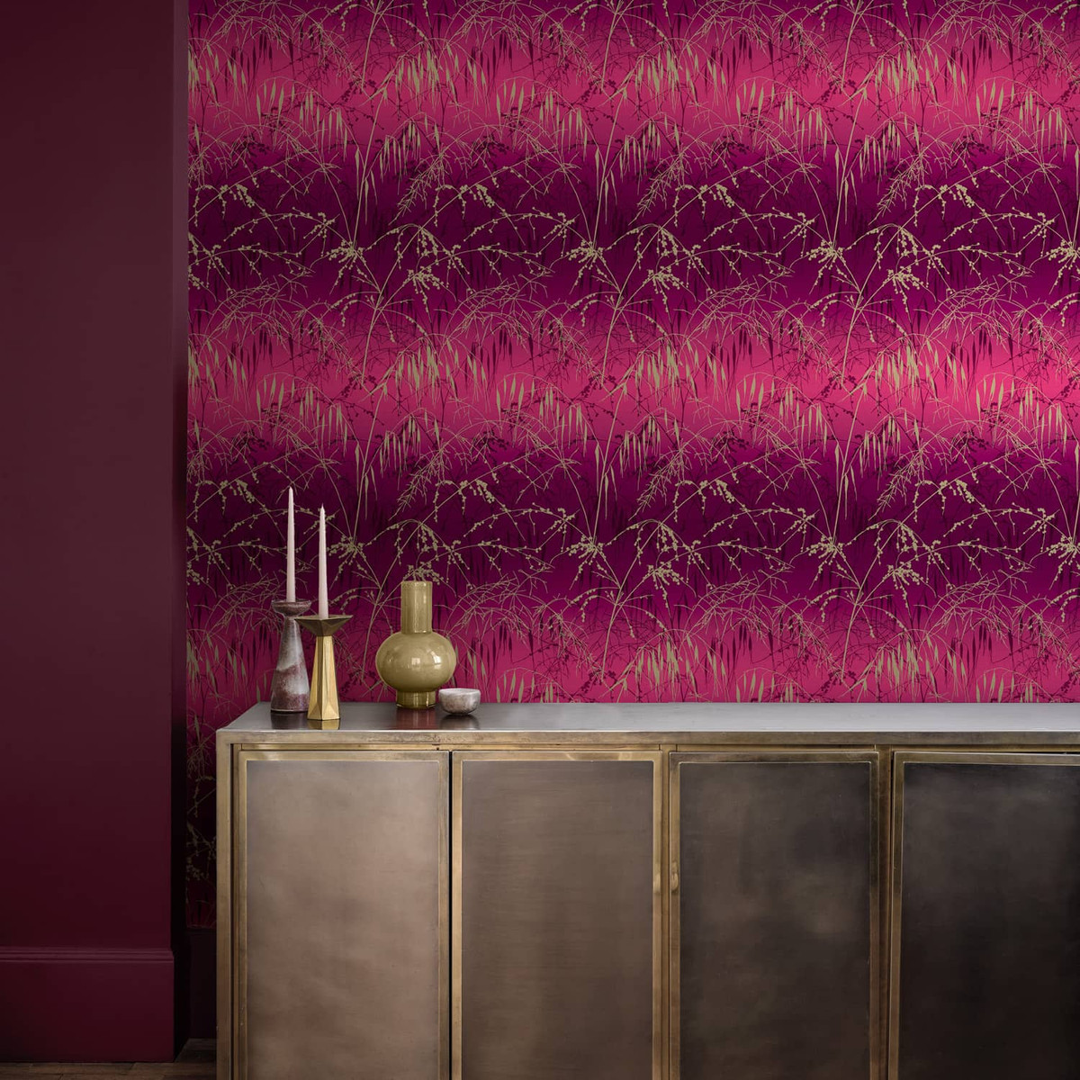 Meadow Grass Damson & Soft Gold Wallpaper by Clarissa Hulse