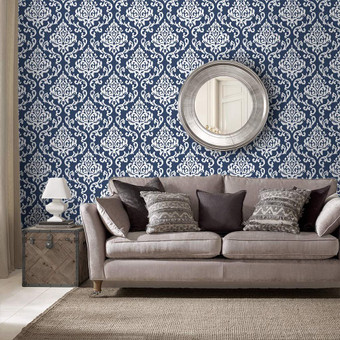 Indian Ink Damask Royal Blue Wallpaper