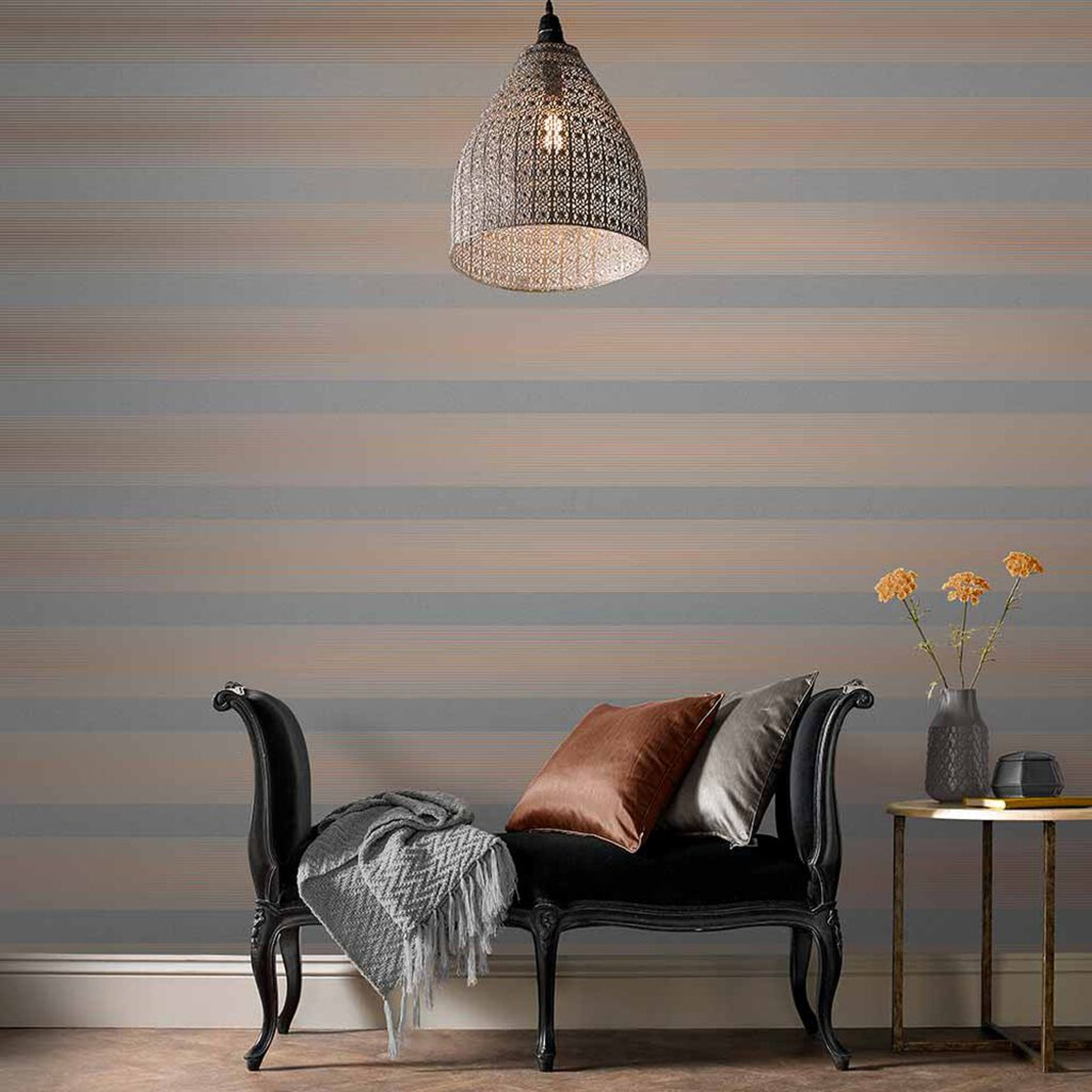 Lagom Stripe Tapete Grau & Rotgold