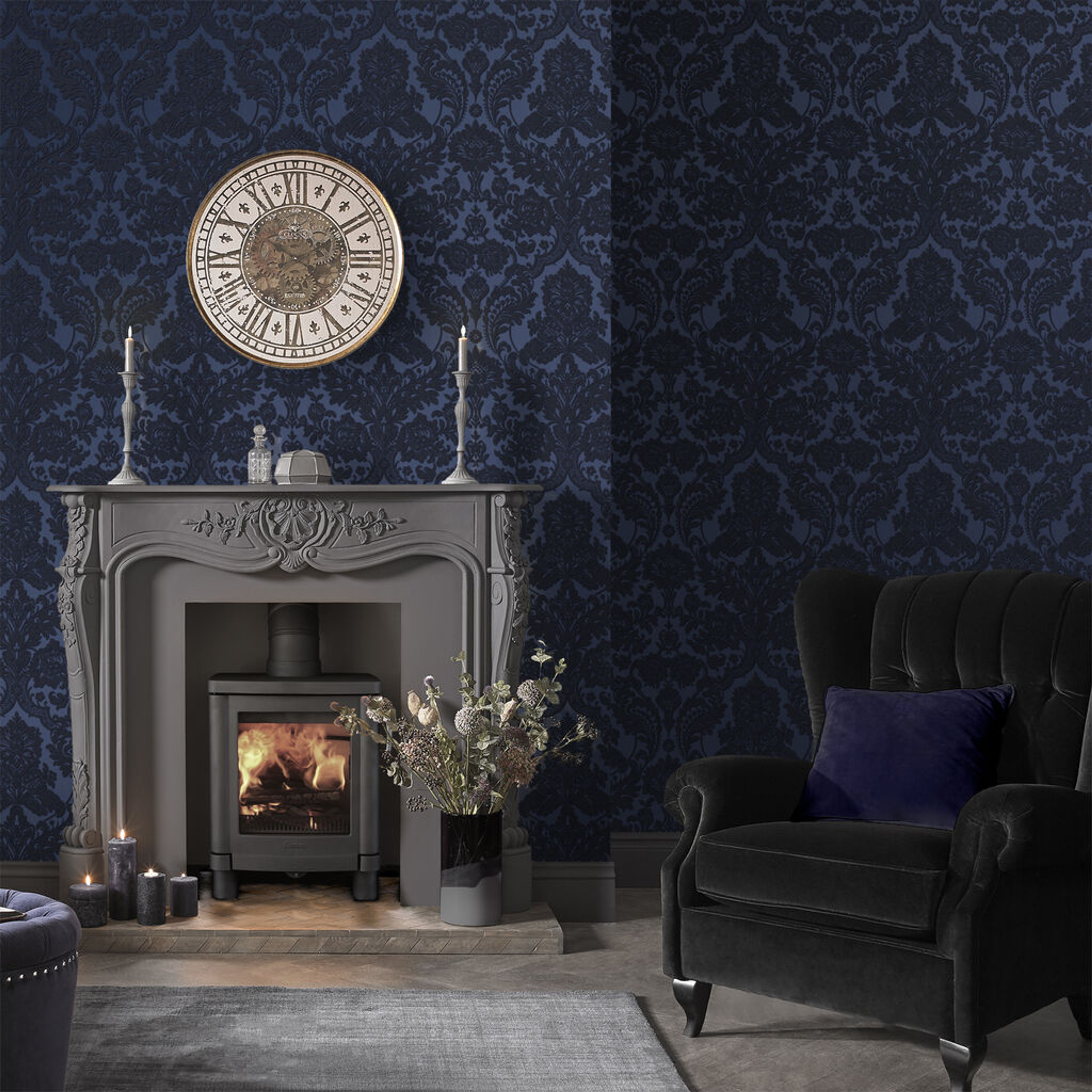 Papier Peint Gothic Damask Flock Cobalt