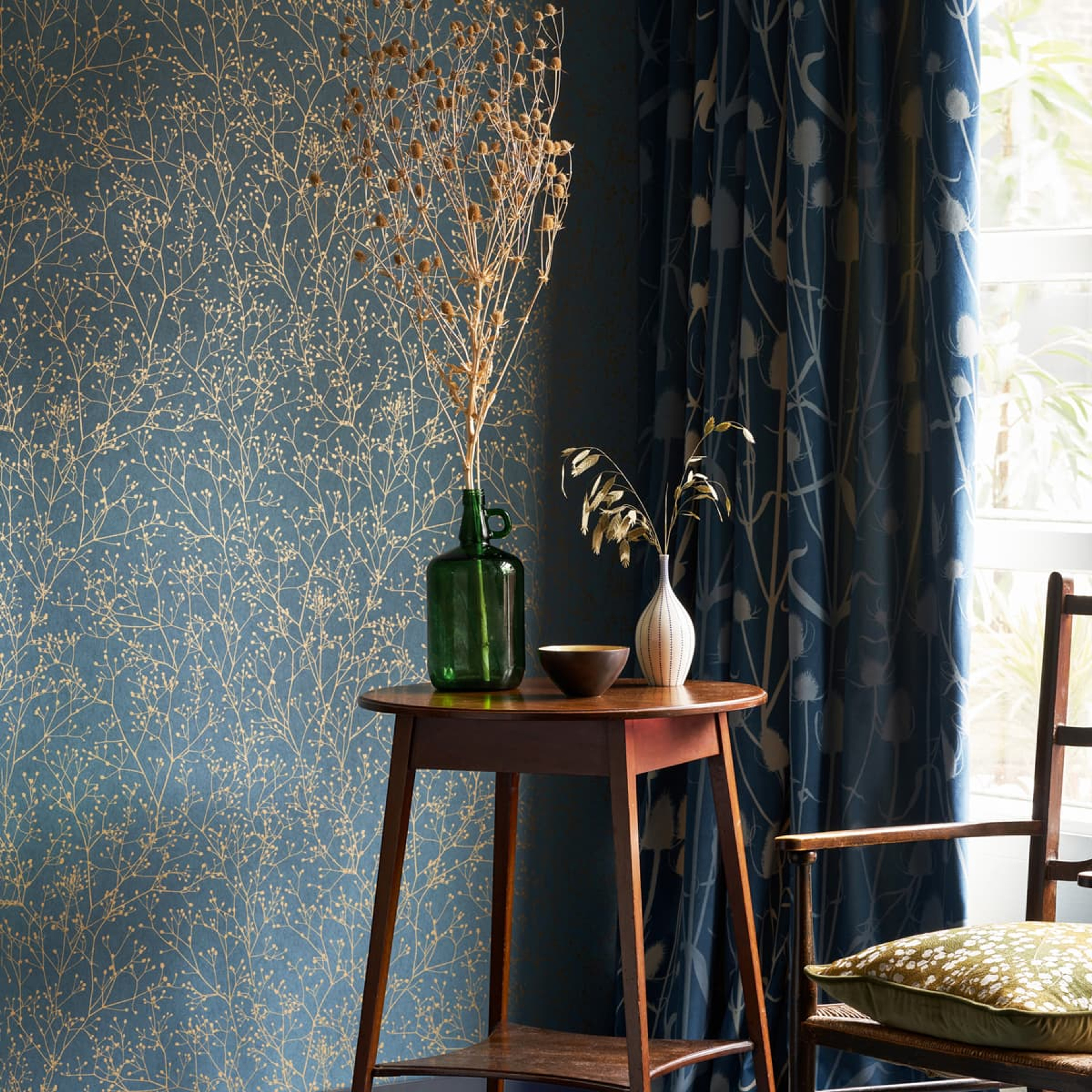 Gypsophila Airforce Blue and Soft Gold Wallpaper