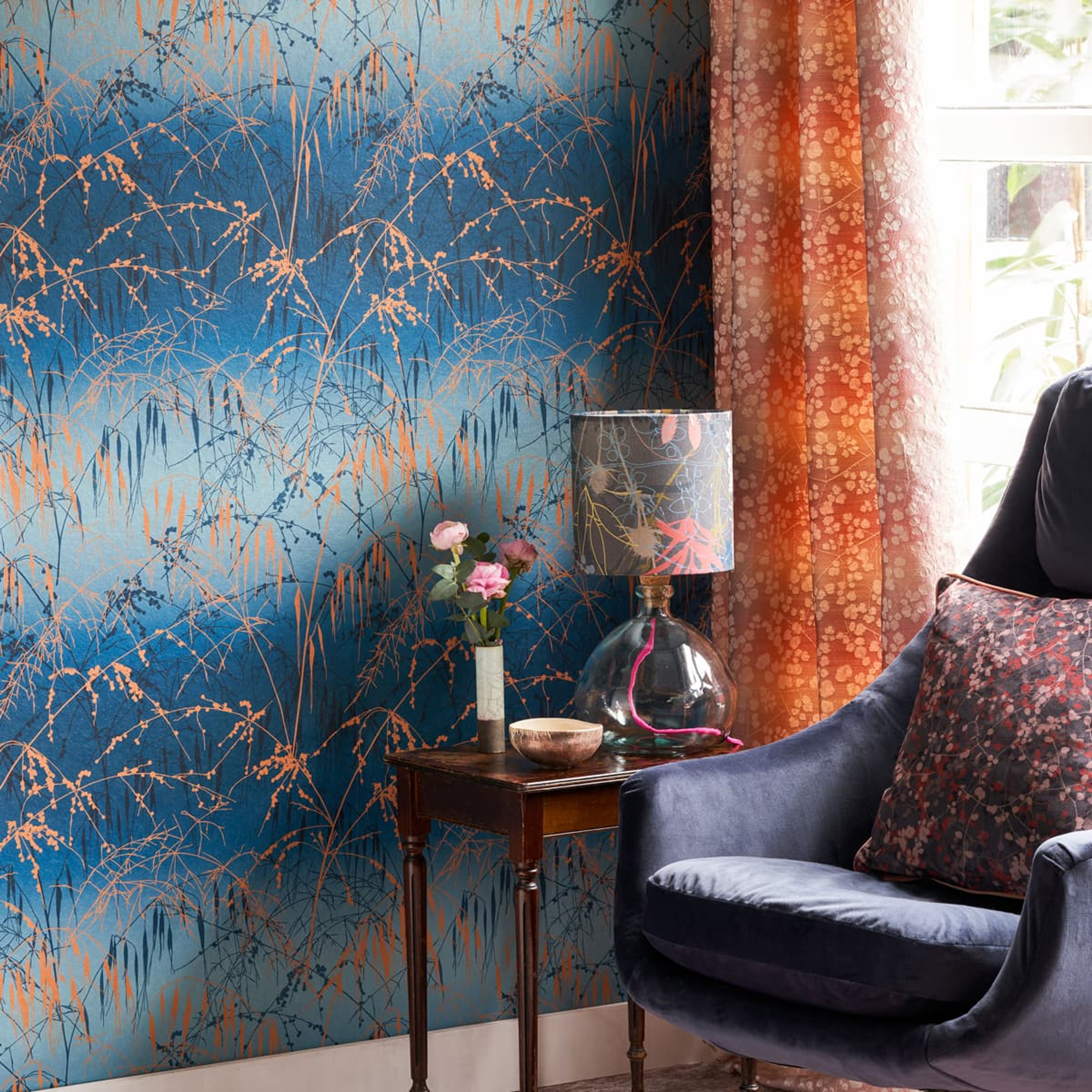 Meadow Grass French Navy & Copper Wallpaper