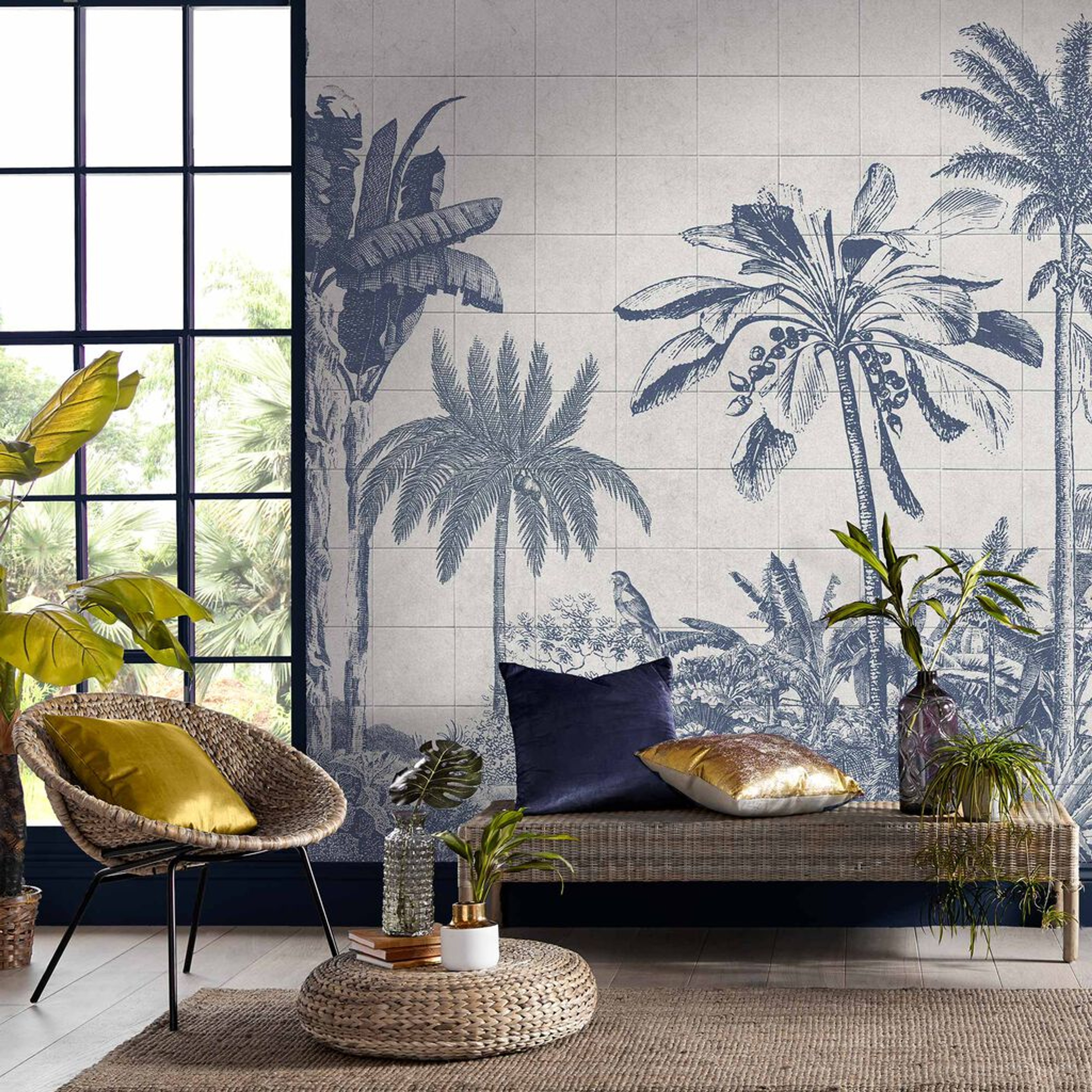 Tiled Jungle Blue Papier Peint Panoramique sur mesure