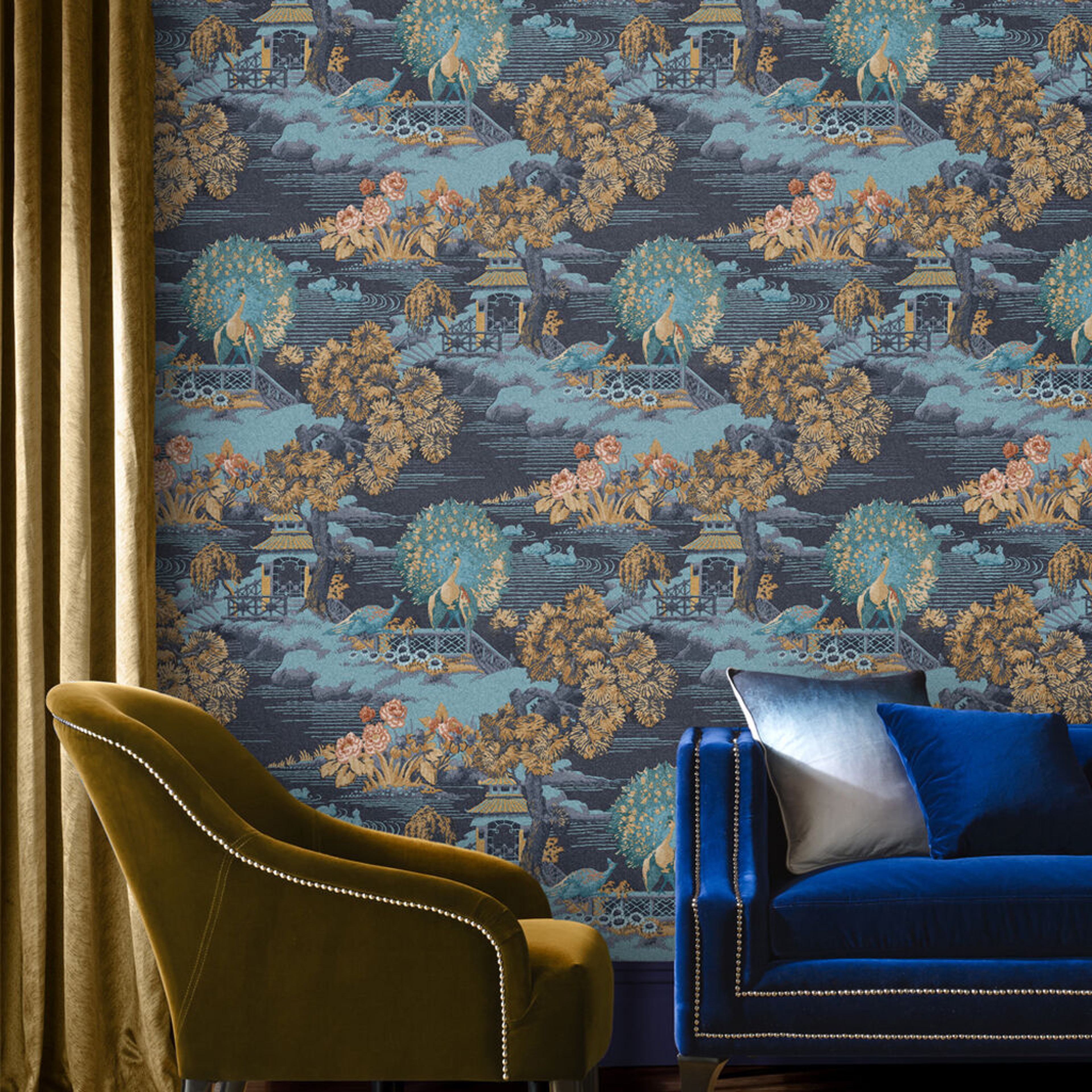 Edo Toile Navy Wallpaper