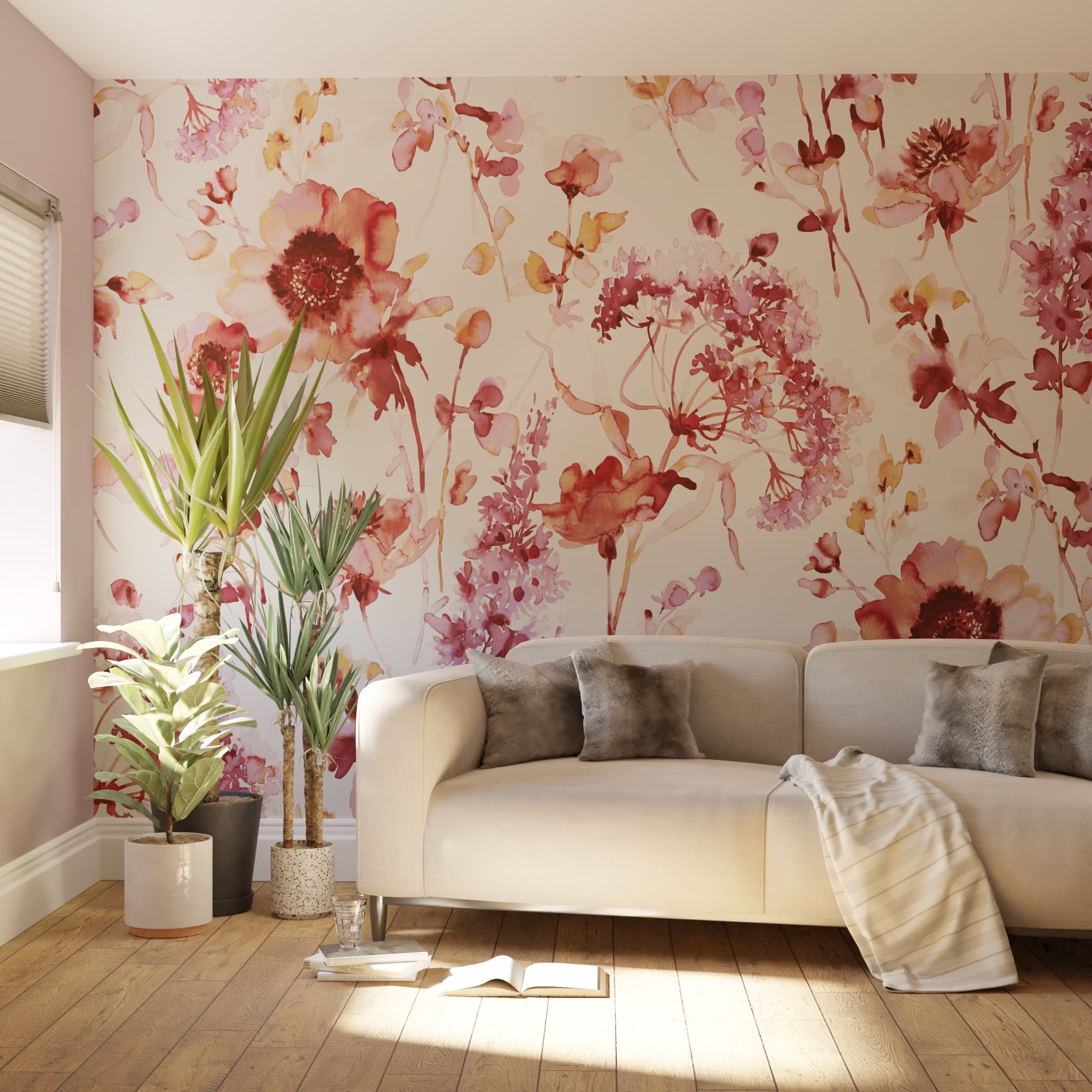 Watercolour Floral Pink and Red Bespoke Mural