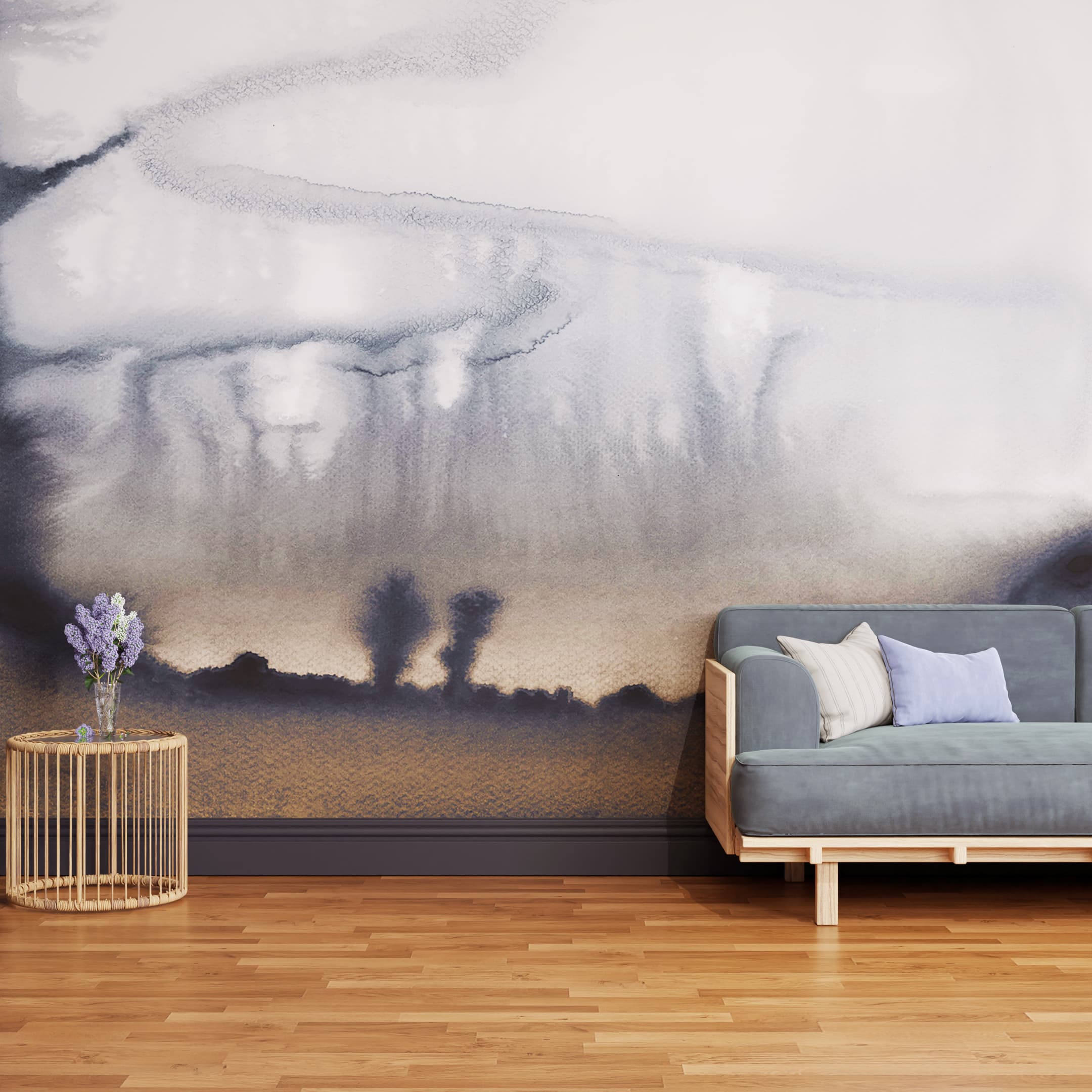 Watercolour Landscape Navy and Copper Bespoke Mural