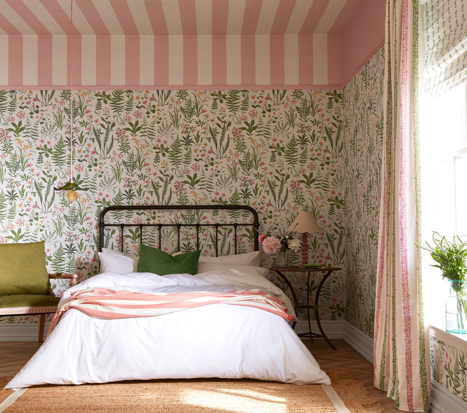 pink striped wallpaper room