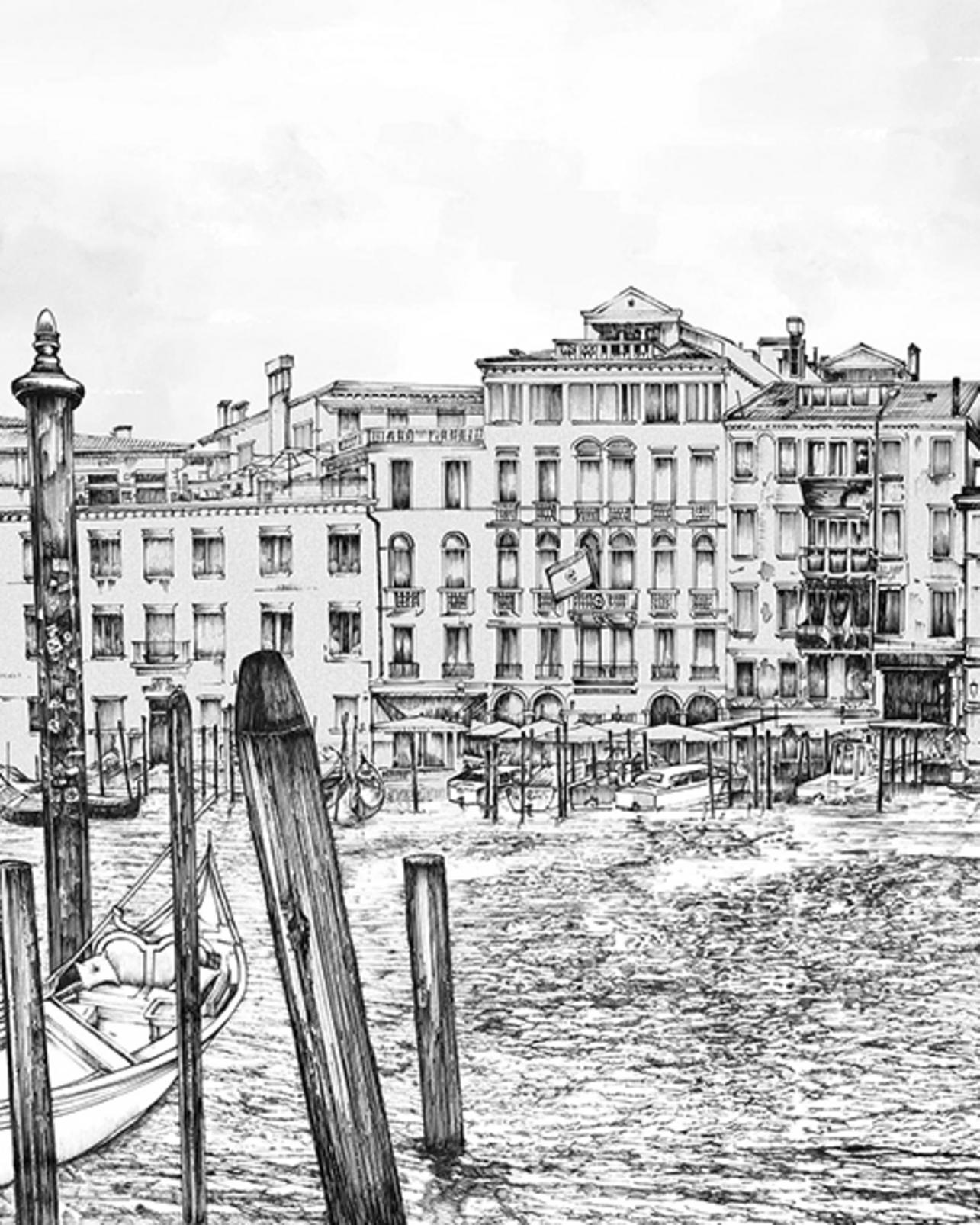 Old Venezia Etching Panoramic Bespoke Mural | Black | Graham & Brown