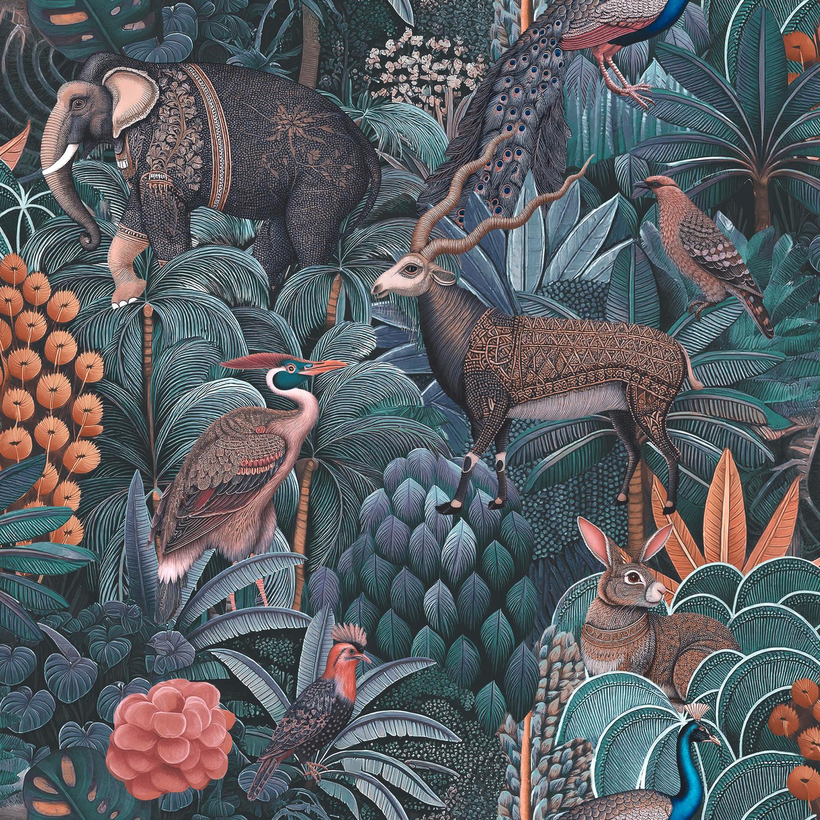 2本セット！HERMES 壁紙 JUNGLE LIFE BICOLORE Jungle Jamboree Navy & Teal Wallpaper | Blue | Graham & Brown