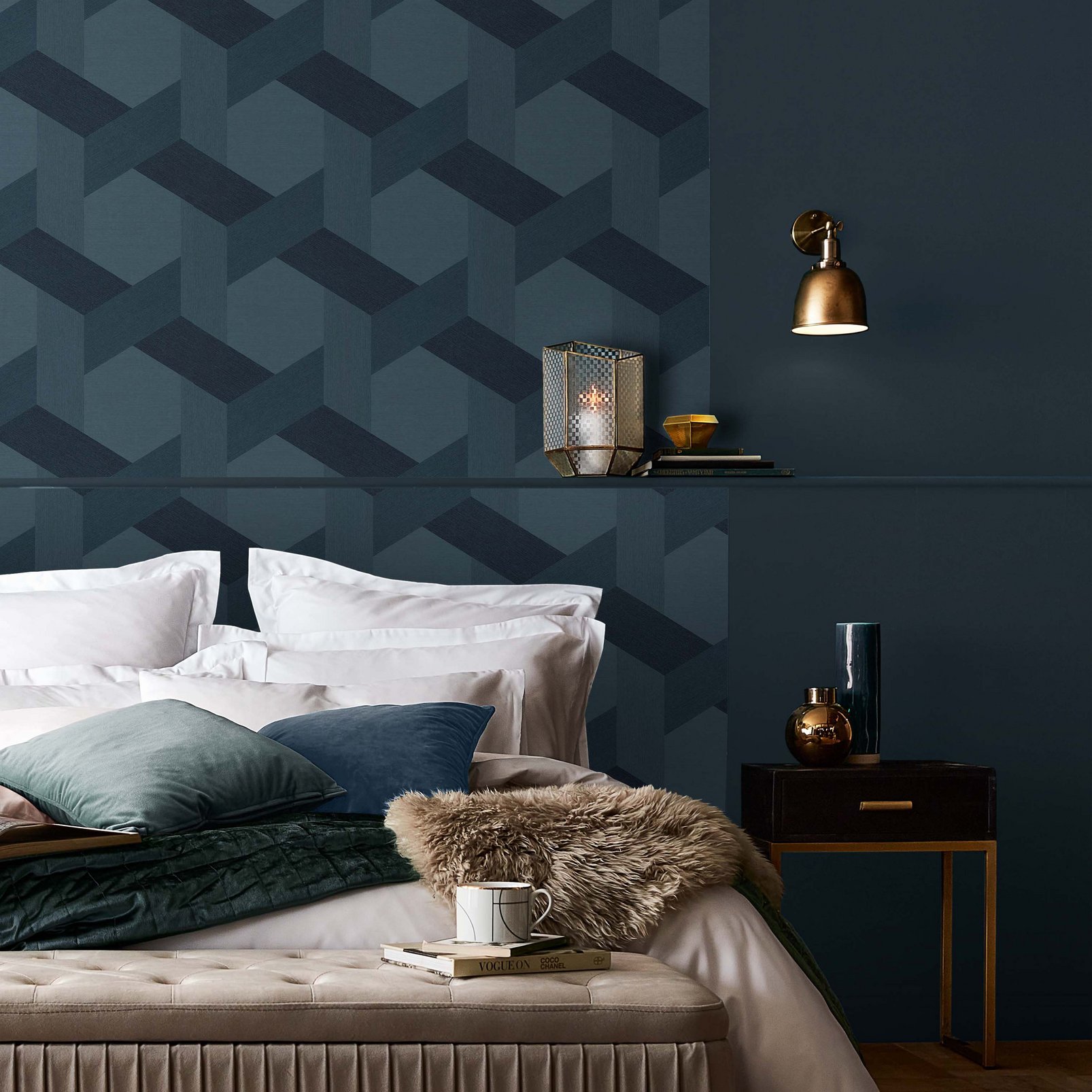 navy blue wallpaper bedroom