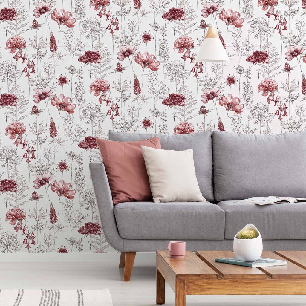 Floral Sketch Red Wallpaper
