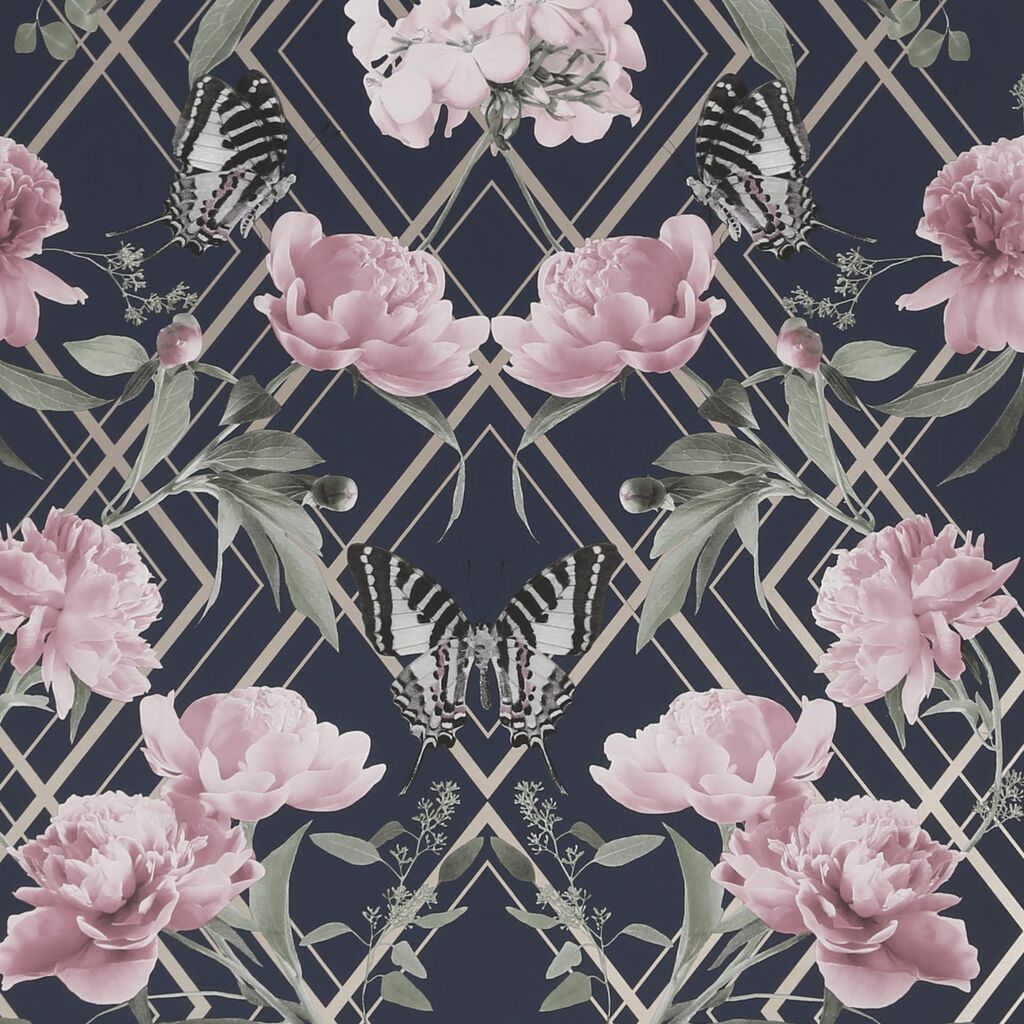 Botanical Trellis Navy Pink Wallpaper