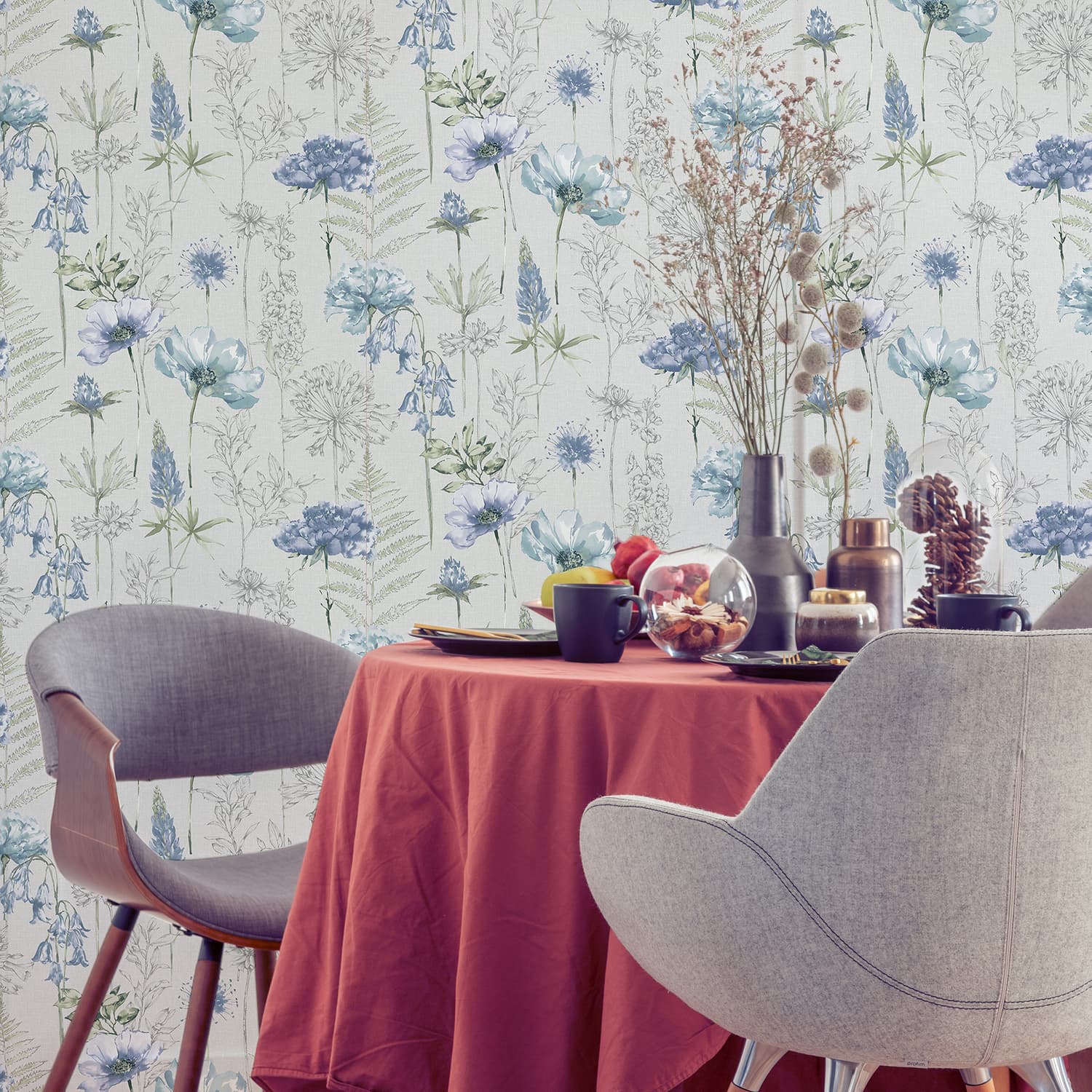 Floral Sketch Blue Wallpaper | Fresco Wallpaper | Wallpaper It
