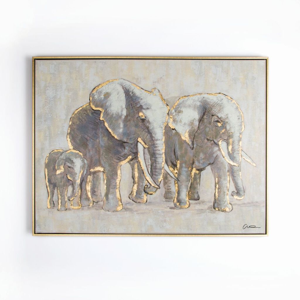 Metallic Elephant Family Handpainted Framed Canvas Wall Art