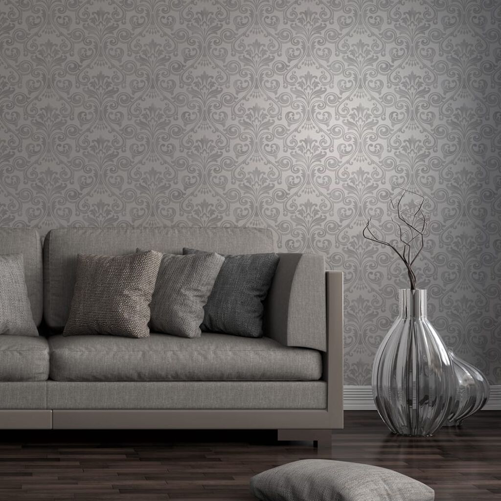 Wentworth Damask Grey & Silver Wallpaper