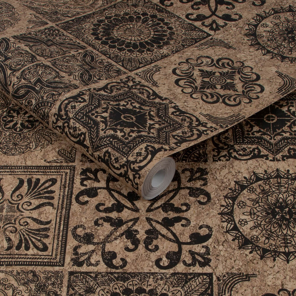 Cork Medallion Black & Beige Wallpaper