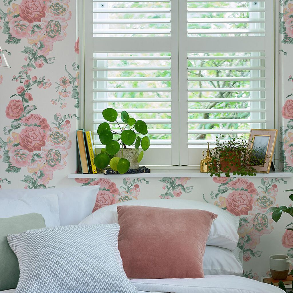 Laura Ashley Hollyhocks Coral Pink Wallpaper