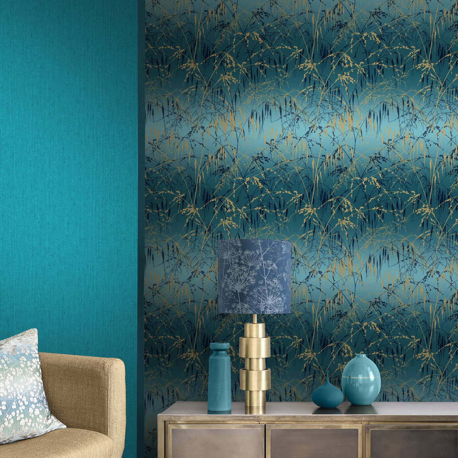 Meadow Grass Teal & Soft Gold Wallpaper by Clarissa Hulse