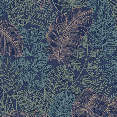 Scattered Leaves Blue And Copper Wallpaper