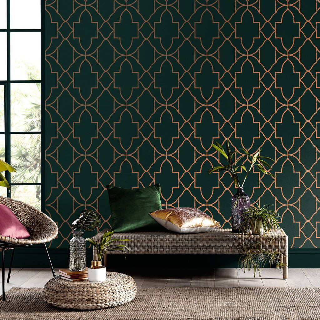 Green gold color traditional damask design with continues ogee pattern  texture carved finished wallpaper