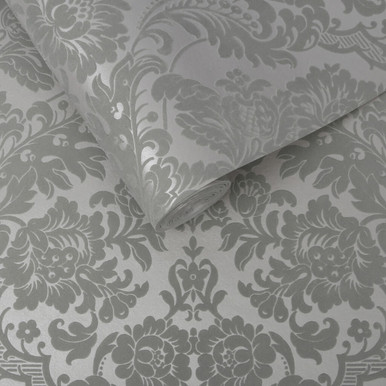 Gothic Damask Flock Tapete Grau und Silber