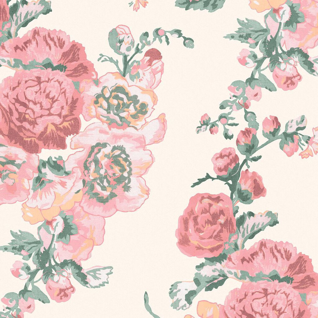 Laura Ashley Hollyhocks Coral Pink Wallpaper
