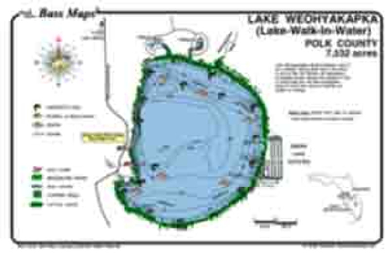 The Lake Weoyakapka (Walk-In-Water)  map is the most detailed depth / fishing map available. Bass and Crappie spots are marked along with fish holding vegetation in an easy to read waterproof format.
