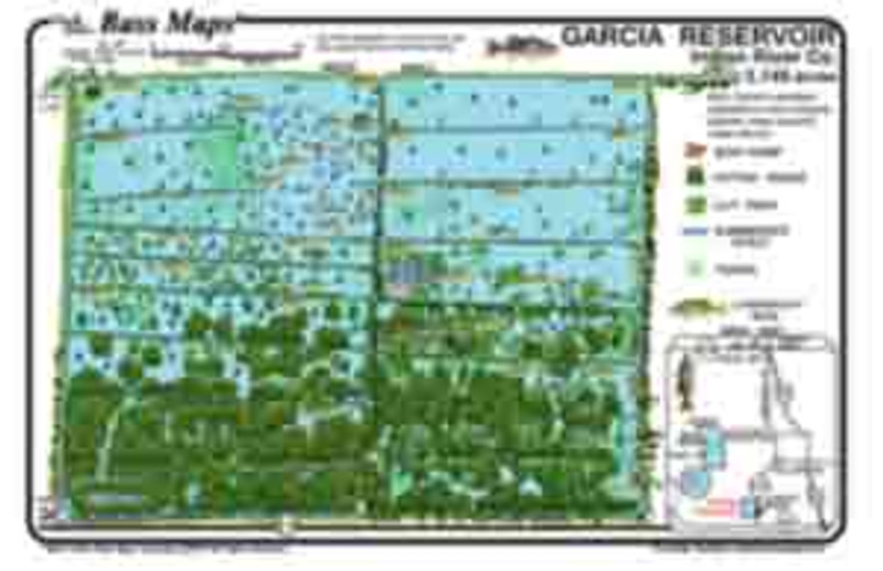 The Garcia Reservoir Bass Map is the most detailed depth / fishing map available.  The best Bass fishing areas are marked along with the superb  Bassy  vegetation all in an easy to read waterproof format.