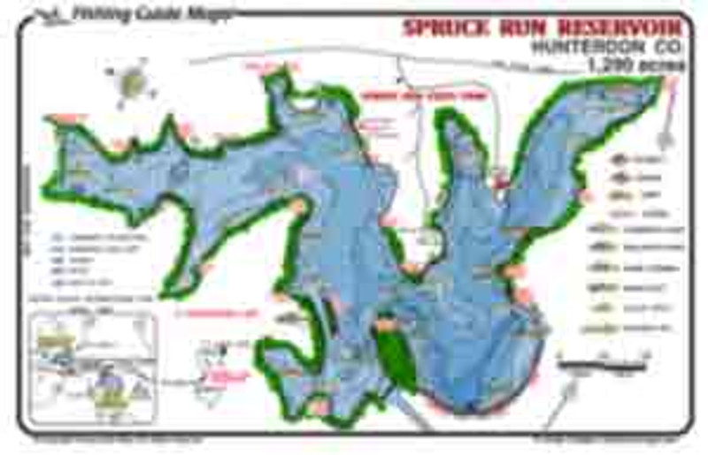 This colorful, waterproof, detailed map features Spruce Run Reservoir's  fish catching features, suggested fishing spots  and the boat ramp.  Invaluable map for fishing Spruce Run.