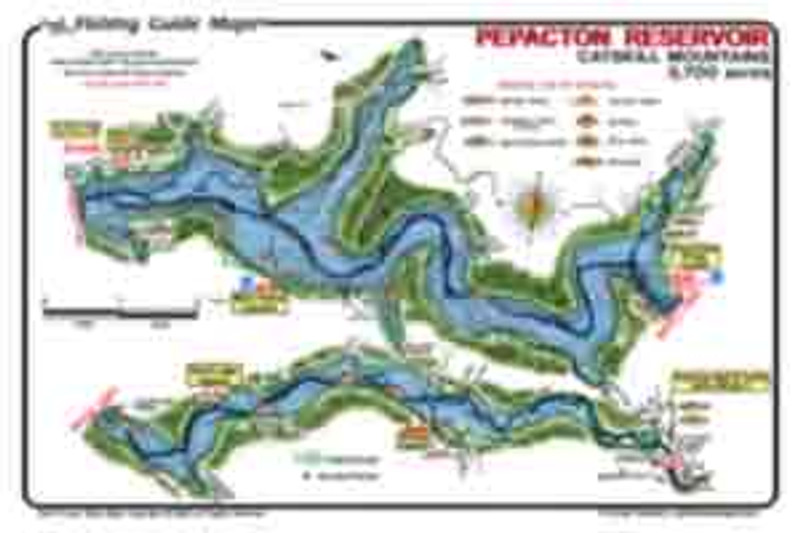 Papacton Reservoir's waterproof, detailed fishing map shows the angler where the Bass and Brown Trout may be found.  This map  is an invaluable tool for the serious  NY angler.