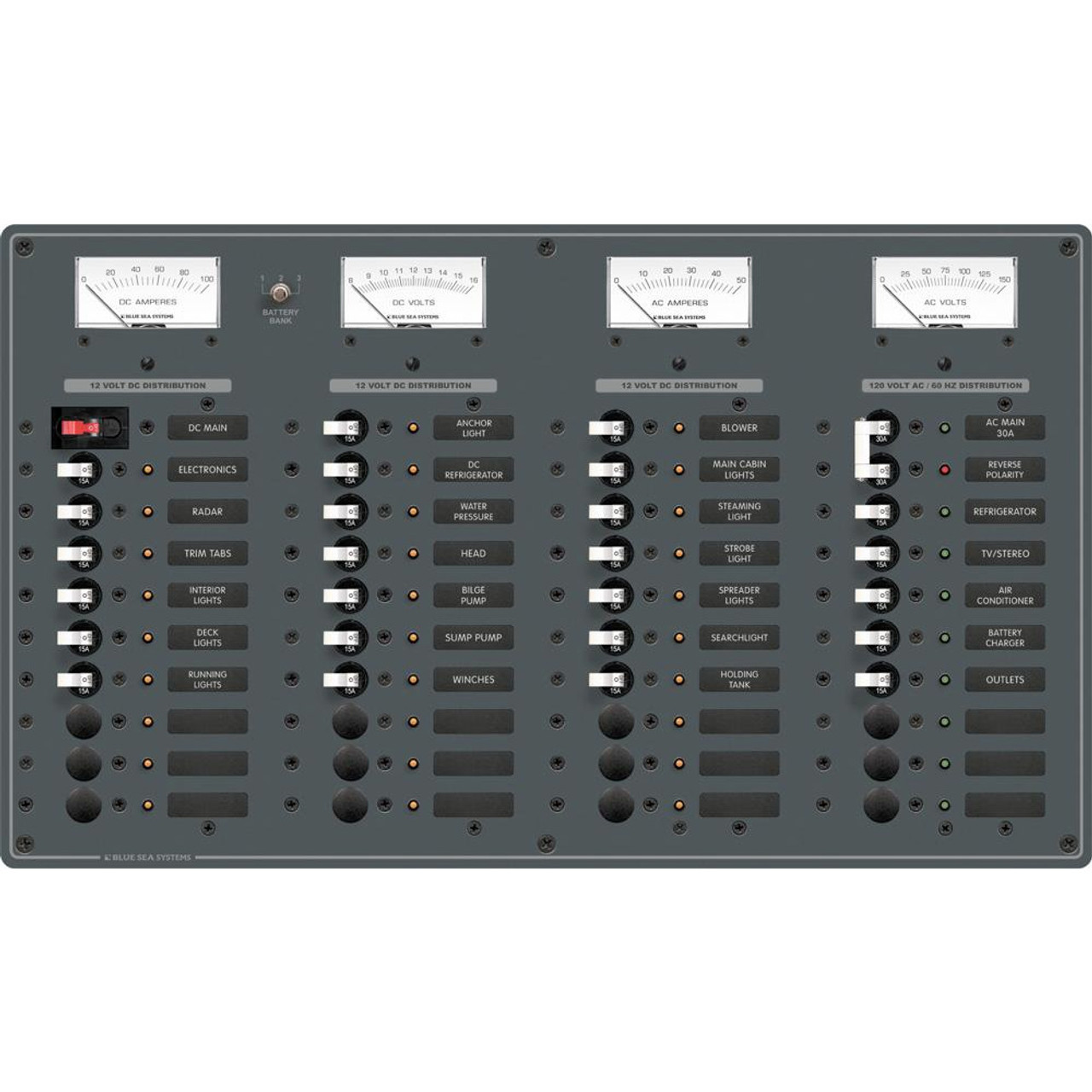 Blue Sea 8095 AC Main +8 Positions \/ DC Main +29 Positions Toggle Circuit Breaker Panel   (White Switches) [8095]