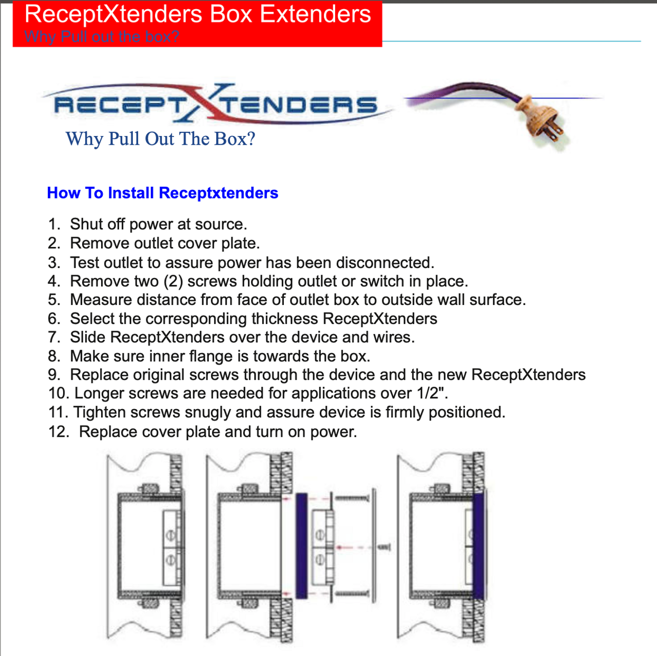 1/2” Two Gang Receptxtenders with screws, Receptacle Outlet Box Extender, Electrical Outlet Extender for Electrical Box and Electrical Outlet Switches, UL Listed