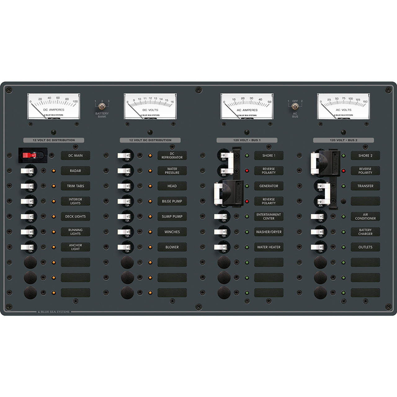 Blue Sea 8086 AC 3 Sources +12 Positions\/DC Main +19 Position Toggle Circuit Breaker Panel - White Switches [8086]