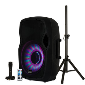 AA15LBS Powered 15" Bluetooth Flashing LED Speaker 1000W with Mic and Stand