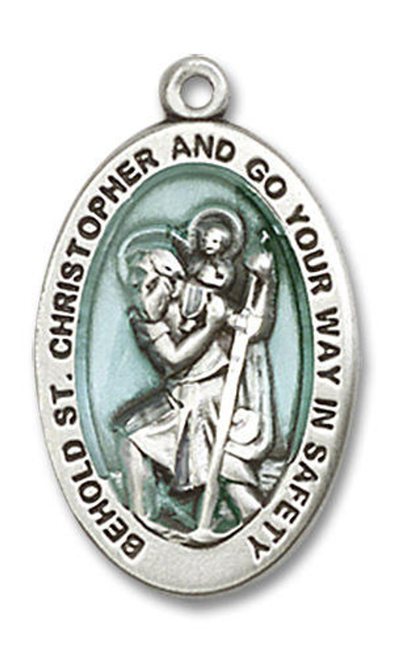 Blue Oval Saint Christopher Protect Us Words Pendant In 925